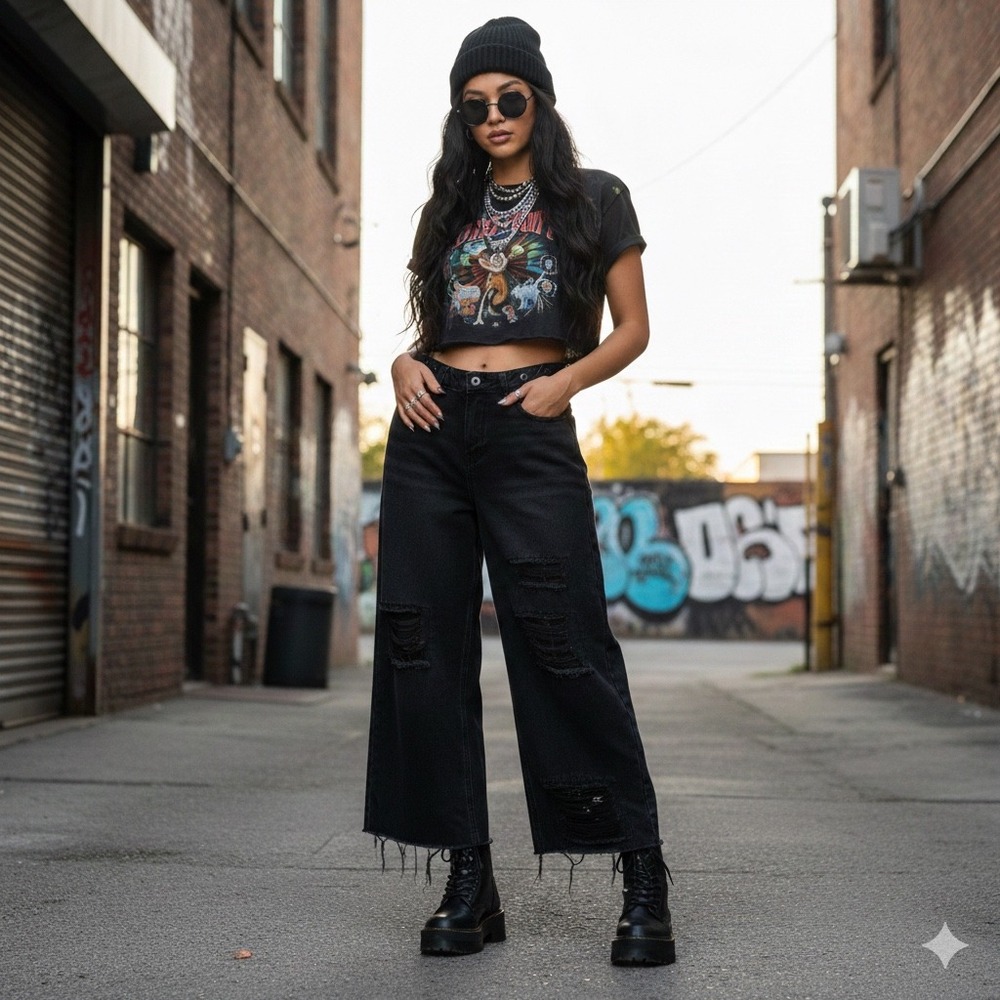 Hot Topic Social Collision Black Wide‎ Leg Cropped Jeans Womens SM Grunge Retro